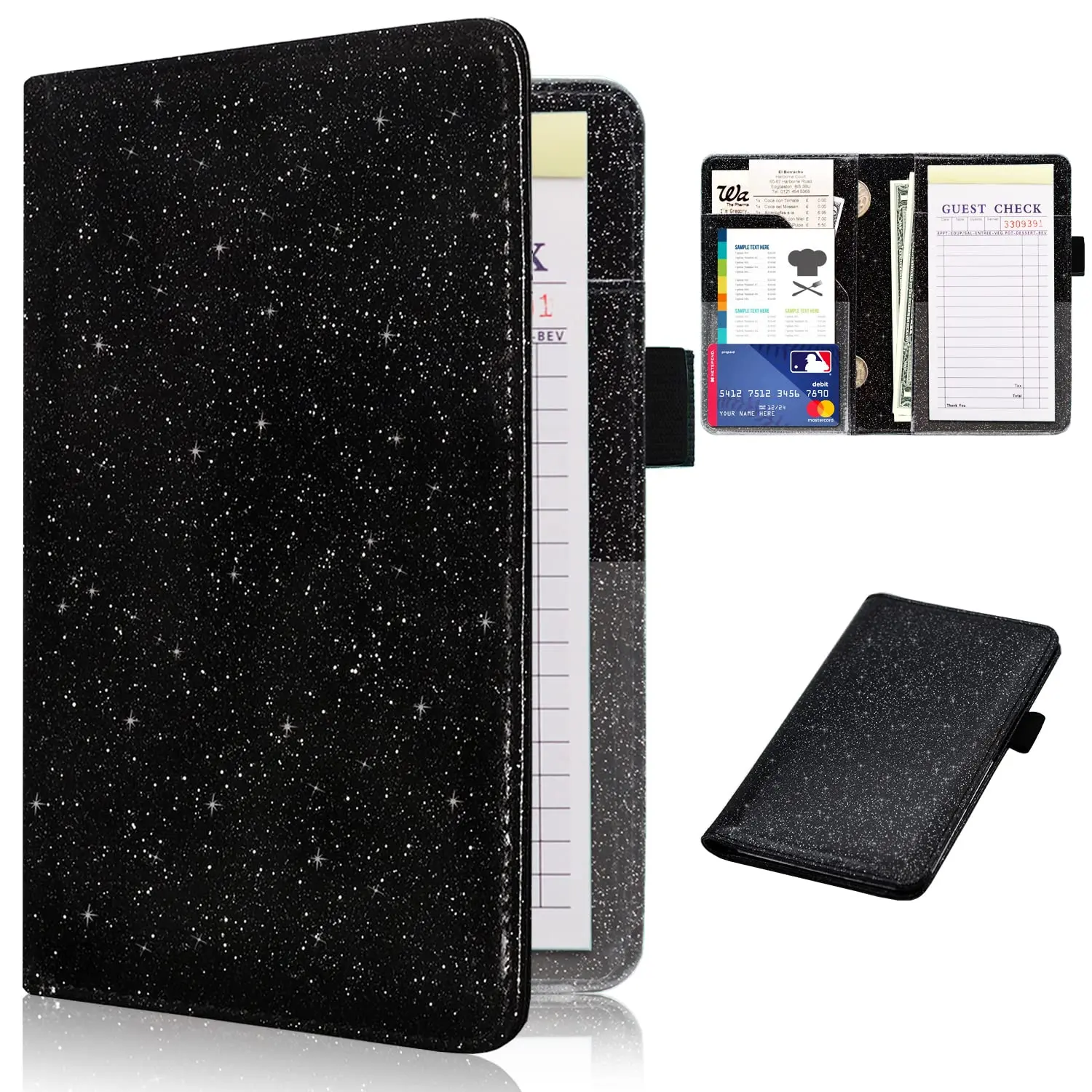Server Books for Waitress, Cute Waitstaff Organizer Wallet Support with 7 Storage Pockets for Recipes and Guest Check, Leather Waiter Book Fit Server Apron, Black Glitter