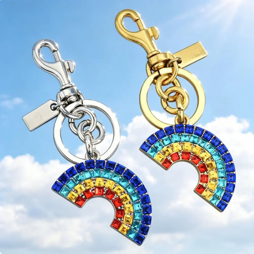 Gold-Plated Half Moon Bag Charm with Engravable Tag, Lobster Claw, Multi-Color Crystals & Glitter - Unisex Backpack Attachment Charms & Twillies, Birthday Gift for Tote Purses with Rhinestone Accent