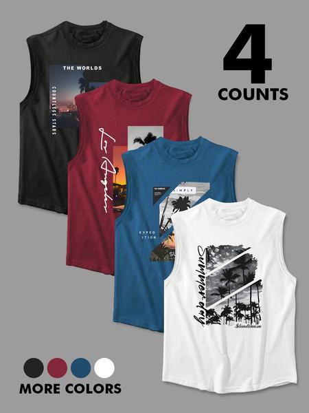 Men's Landscape Print Tank Top, Regular Fit Casual Sporty Sleeveless Top for Summer, Men's Top for Daily Wear