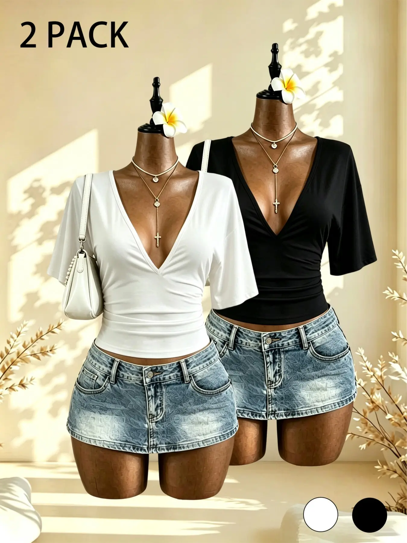Two-Pack Women's Ruched Waist Short T-Shirt, Fashionable Summer Top, Deep V Neck, Casual Slim Fit, Ideal for Daily Wear