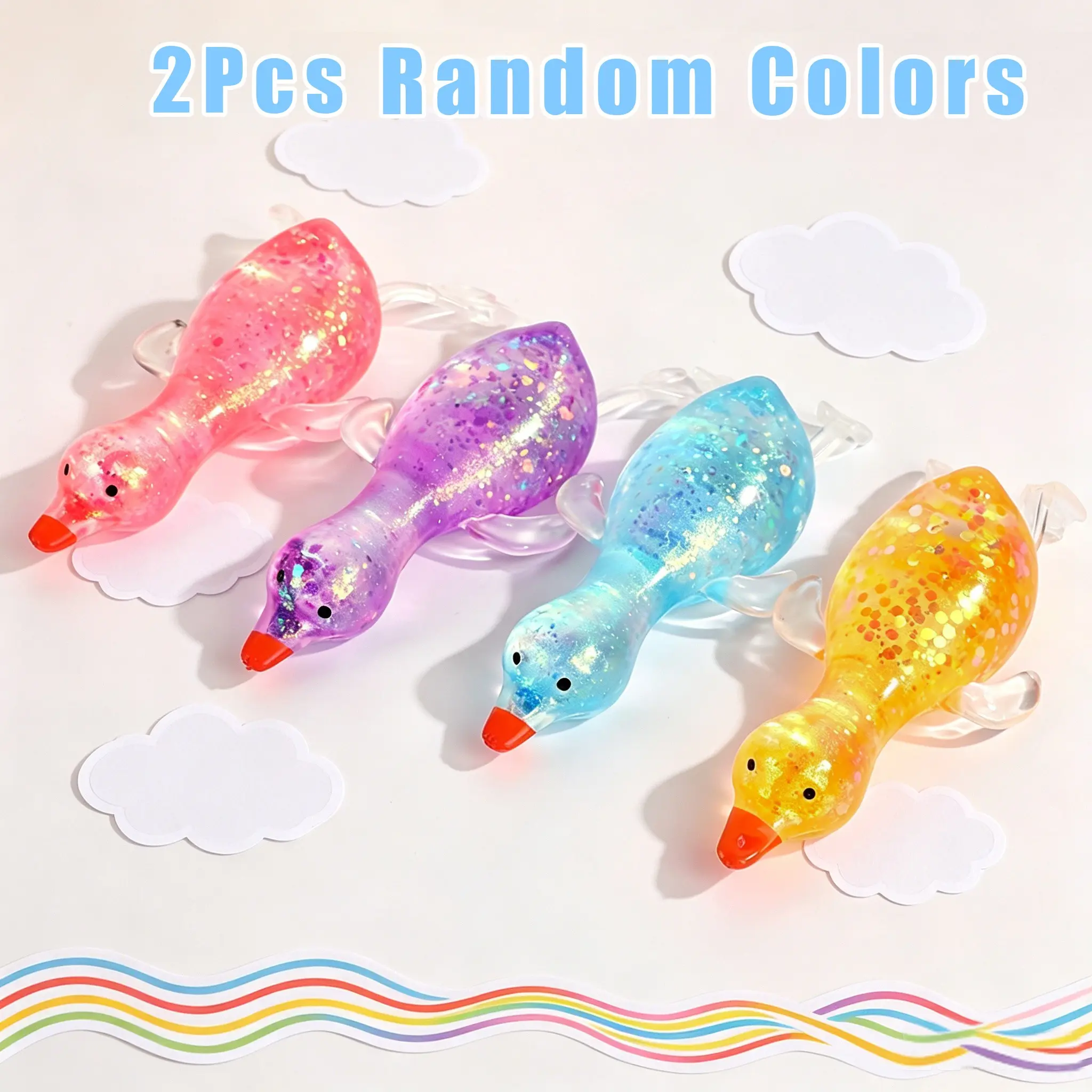 2-pack of glittery duck squeezy toys, Duck squishy, super soft and pinchable duck, stretchable decompression toy, cute goose shape stress reliever, children's sensory tabletop toy, party favors, Christmas, Halloween gifts, random color
