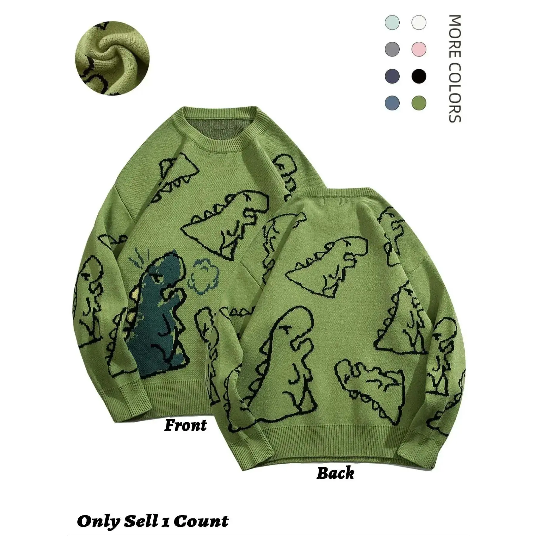 1Men's New Trendy Classic Round Neck Long Sleeve Dinosaur Sweater, 1 Count Lounge Loose Baggy Crew Neck Jumper for Fall & Winter, Casual Men's Knit Clothing for Daily Wear, Knitwear