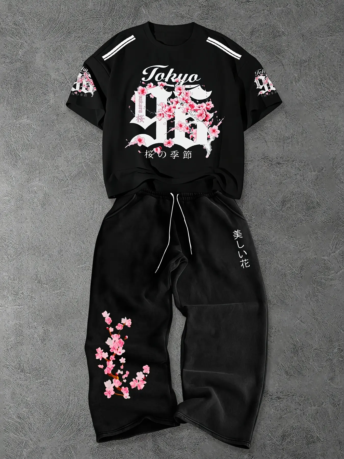 Men's Sporty Short Sleeve T-Shirt and Pants Set, Casual Sports Style, Print Round Neck T-Shirt + Plain Drawstring Sports Pants, Spring Fall Outdoor 2-Piece Set