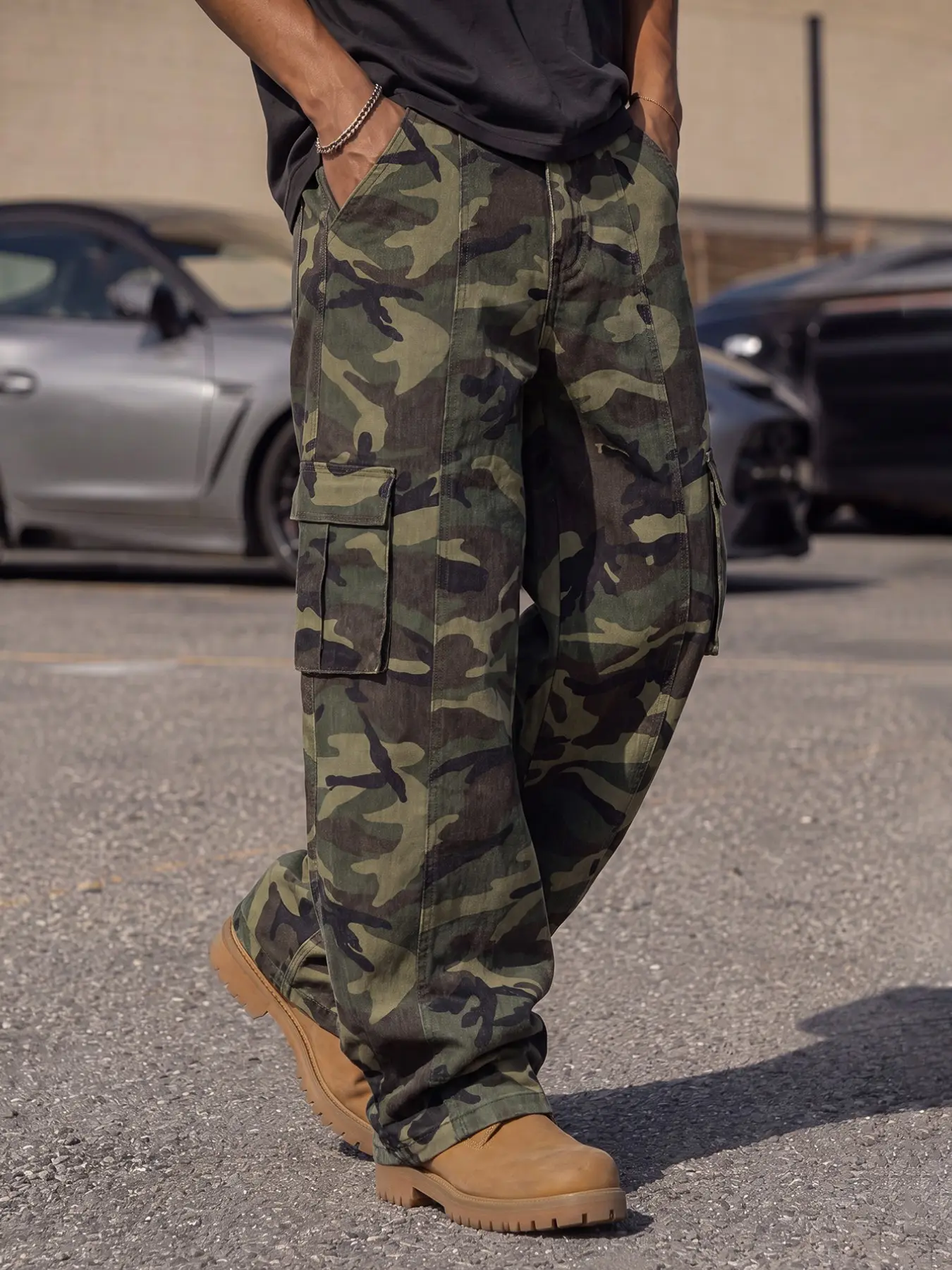 Men's Camo Loose Wide Leg Cargo Jeans, Non-Stretch Y2K Streetwear Casual All-Season Pants