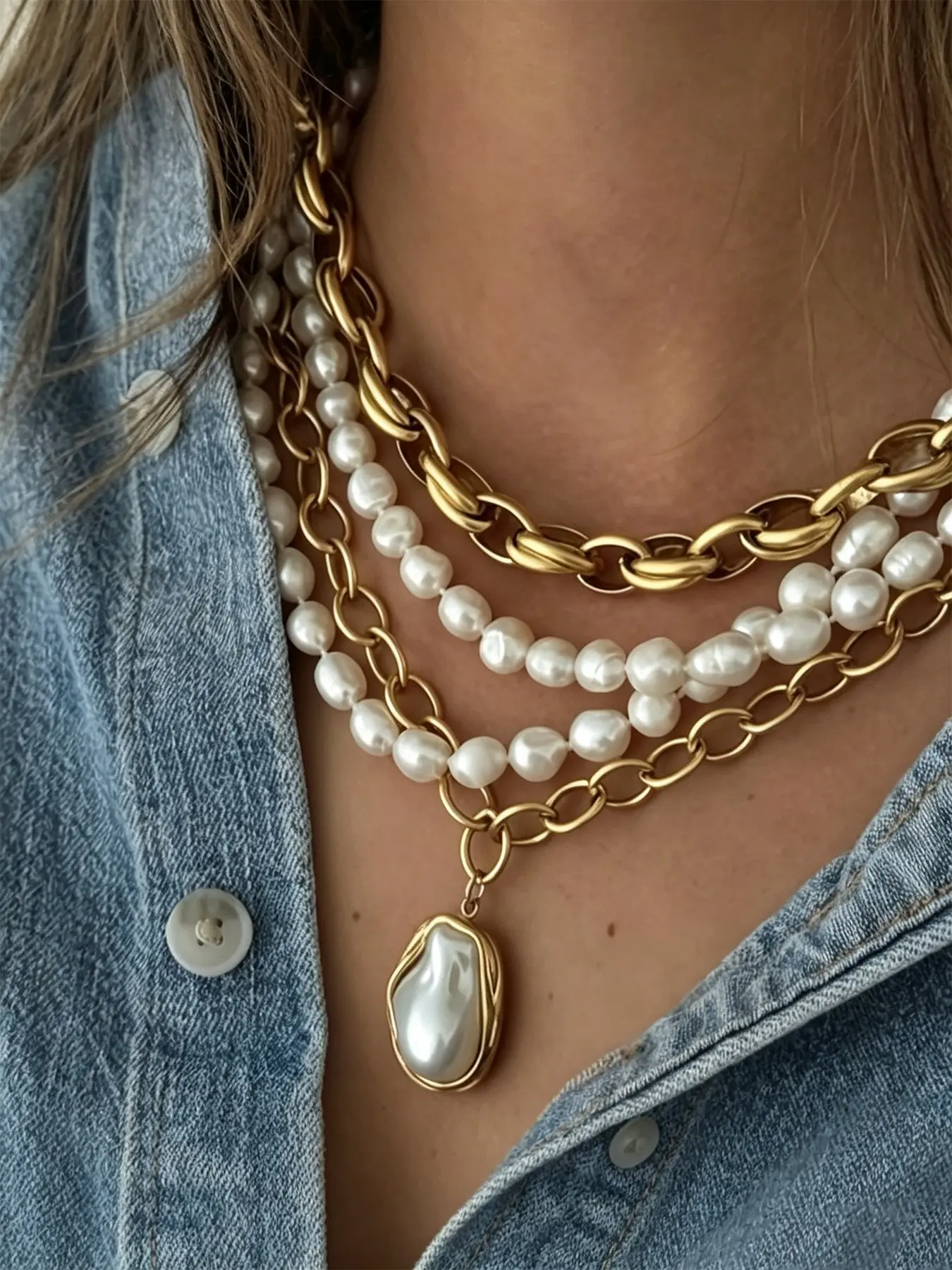 4Pcs Women Vintage Multi-Layer Baroque Pearl Necklaces, Chunky Gold Tone Chain Stackable Layering Necklace, Irregular Pearl Pendant Choker, Trendy Aesthetic Daily Outfit Jewelry Accessories for Women, Alloy Necklace