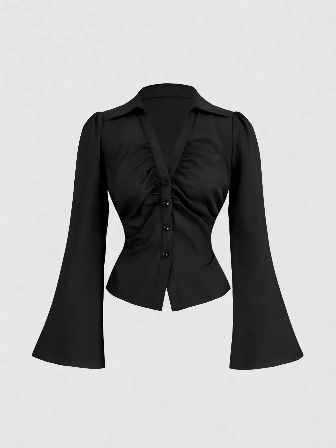 Women V-Neck Ruffle Flared Sleeve Blouse, Waist Cinched,Black Long Sleeve Shirt,Witchy,Button Down Blouse,Concert,Hippie,Pirate Top