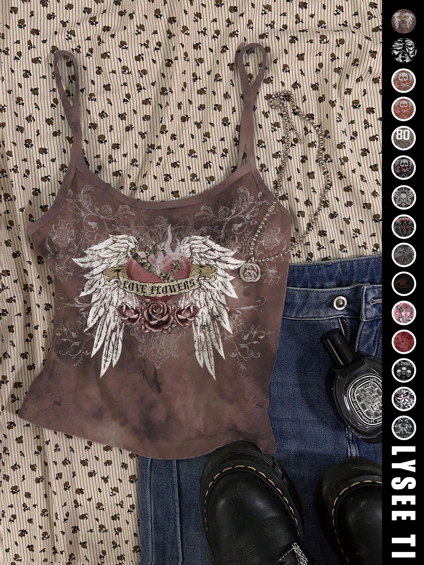 Vintage American Casual Slim-Fitting Skull Eagle Print Crop Top for Valentine's Day and Music Festival, Trendy Summer Vest for Women