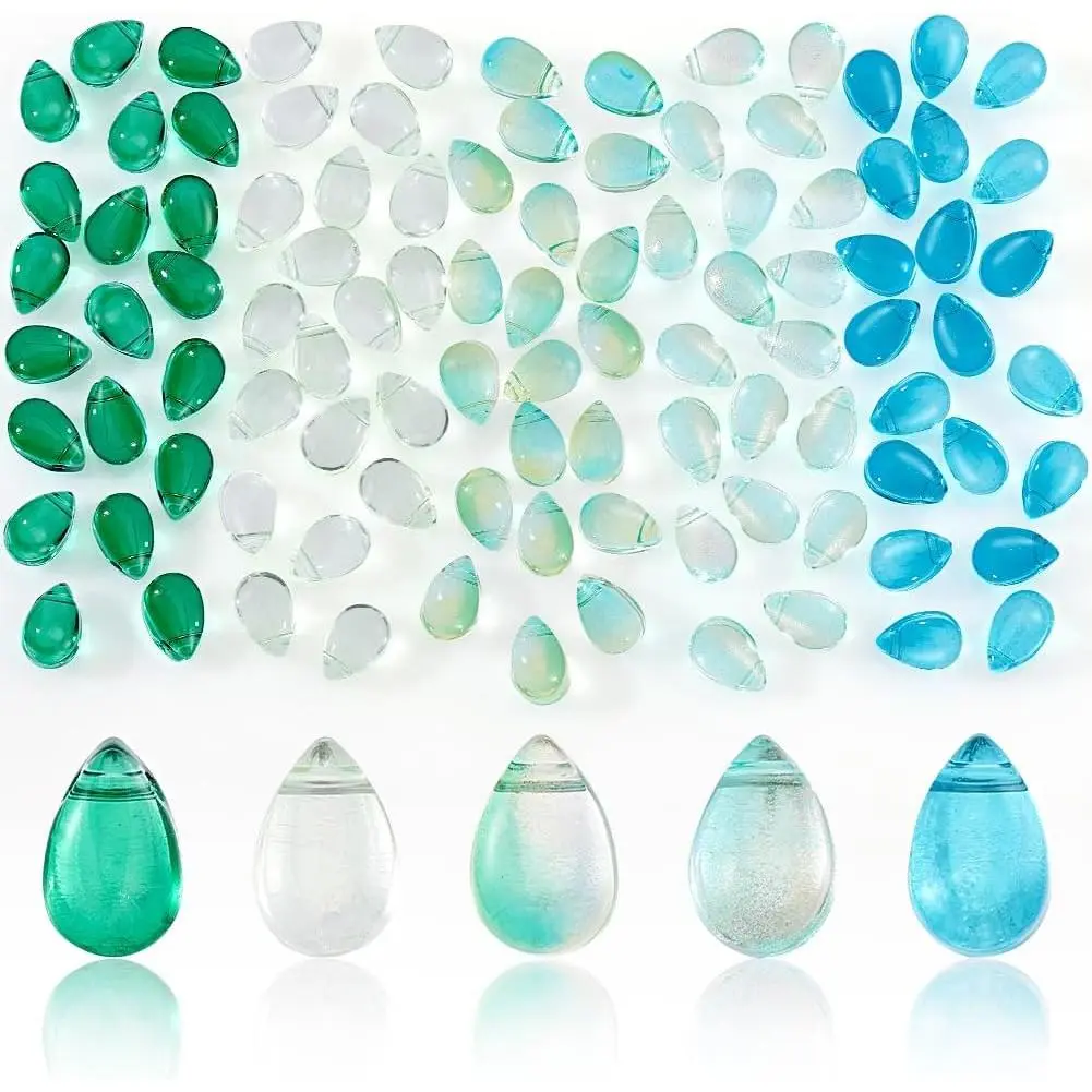 100 count Czech Glass Beads Teardrop, 9x6mm 5 Colors Transparent  Glitter Small Glass Water Drop Loose Pendants Beads for Necklace Earring Bracelet DIY  Making, Blue&Green