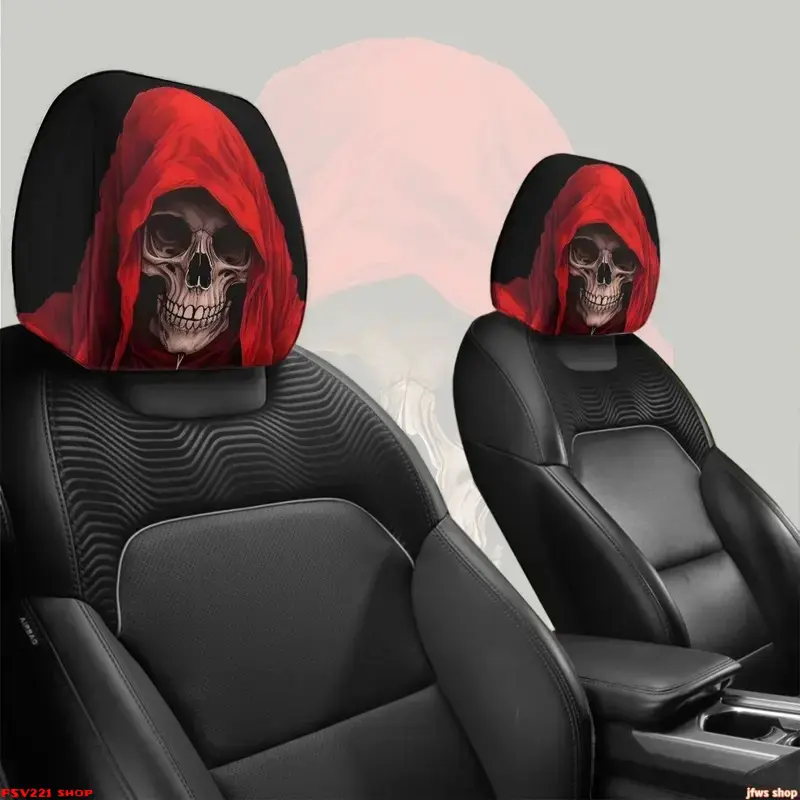 2-Pack Halloween Spooky Red Cloak Skeleton Car Headrest Covers – Universal-Fit Headrest Covers Featuring Grim Reaper Designs; Spooky Car Accessories to Create a Thrilling Atmosphere; Fun Car Gift sohochic
