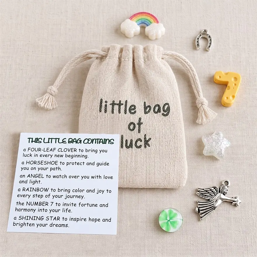 Little Bag of Luck Miniature Keepsake Charms Set, Faux Suede & Linen Pocket Hug Gift with Greeting Card for Friends Family, 1 Pack