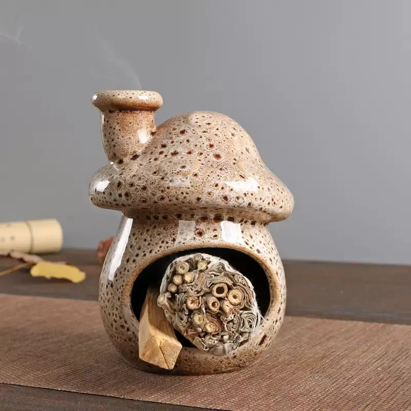 Ceramic incense Burner with Chimney Mushroom Design,3-In-1 Handmade Incense Holder for Cone,Sage & Palo Santo, ldeal Gift for Home Decor