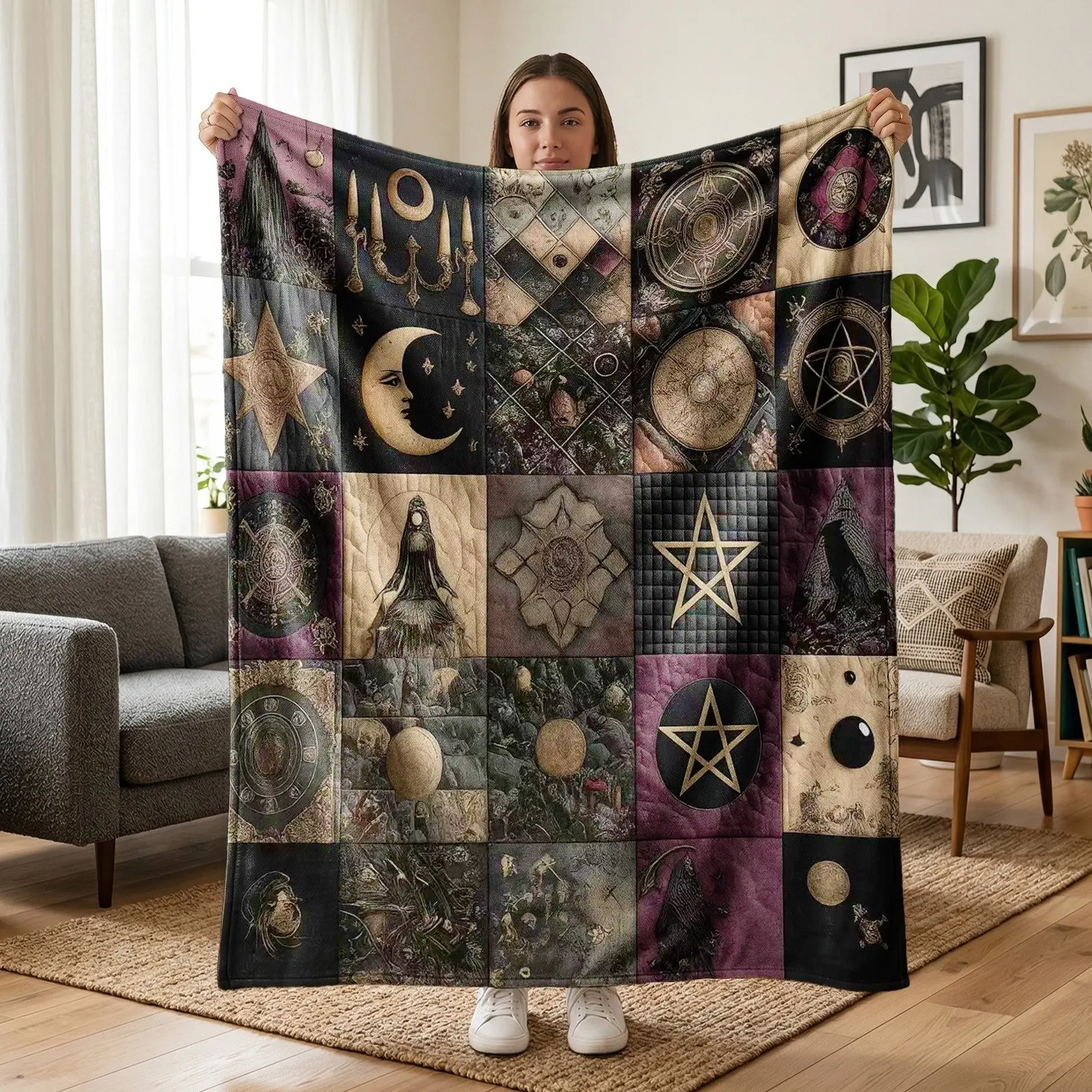 1pc Dark Occult Collage Fleece Blanket, Moon, Pentagram, Tarot, Gothic Symbols & Vintage Fabric Texture Print, Black Purple Witchcraft Style. Soft Warm Multi-use Throw for Sofa, Bed, Office, Camping, Perfect Halloween Gift, Fuzzy Soft Blanket