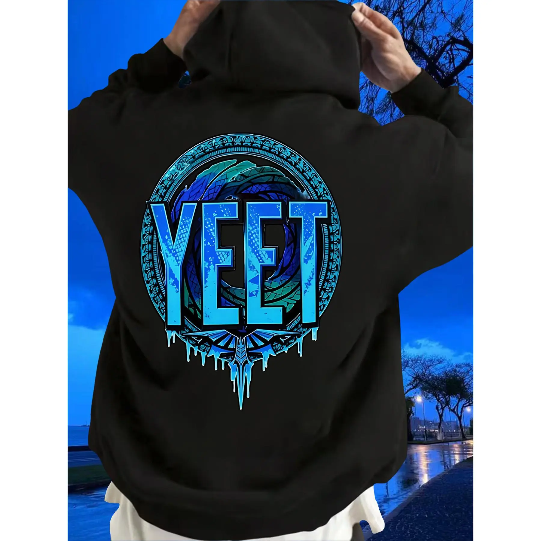 Men's Black YEE Drip Ex-Print Hoodie, Loose-Fit Hooded Sweatshirt, Autumn-Winter Sportswear, Cartoon Character Design, Long-Sleeve Style
