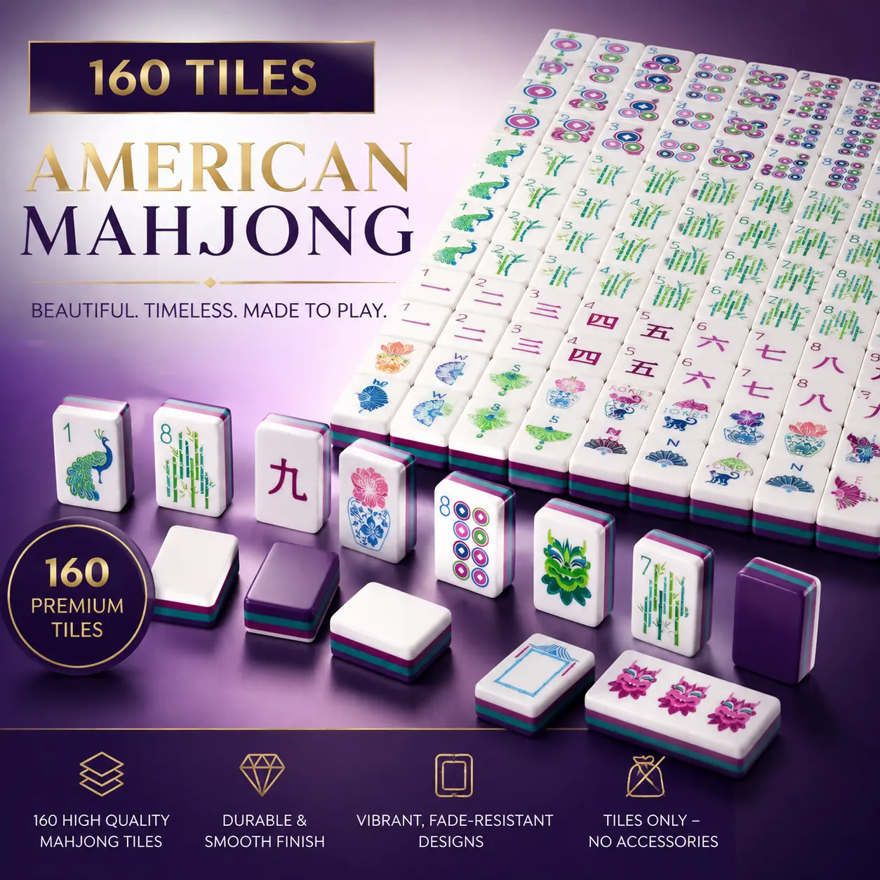 Purple Acrylic American Mahjong Set - 160 Tiles, Durable and Smooth Finish, Fade-Resistant, Vibrant Designs, No Extra Accessories, Indoor Leisure Board Game for Game Night, Social Gatherings