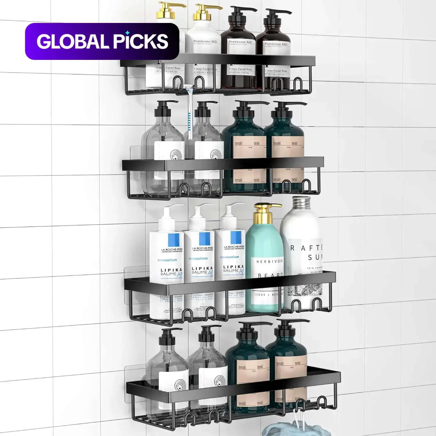 Bathroom Storage Rack, 4 Counts/set Adhesive Shower Organizer Shelves, Waterproof Bathroom Supplies, Space-Saving Bathroom Essentials Accessories, Durable Shower Organizer #GLOBAL PICKS