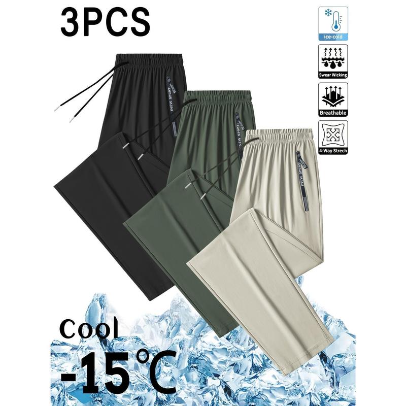 3PC Men's Summer Casual Ice Silk Pants - Quick Dry, Breathable & Sweat Wicking, 4-Way Stretch Drawstring Waist Straight Leg Trousers, Lightweight for Daily & Outdoor Wear