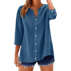 Womens 3/4 Sleeve Button Down Shirts Cotton Linen Roll Up Short Sleeve Tops V Neck Casual Loose Fit Blouses
