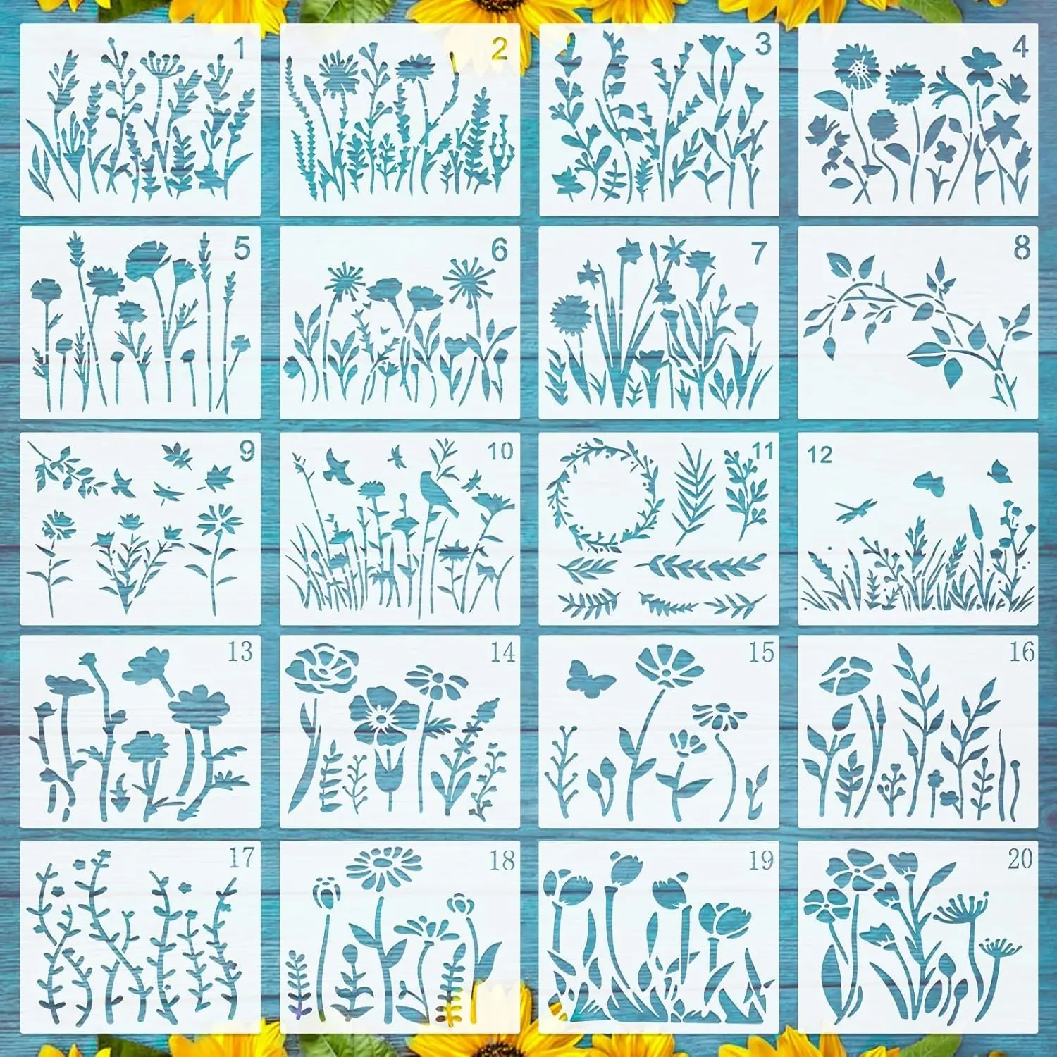 20 PCS 6 x 4.7 Inch Reusable Wildflower Stencils Set Plastic Templates for Painting on Wood Wall Rock Canvas Drawing Art Tile DIY Home Craft Decor