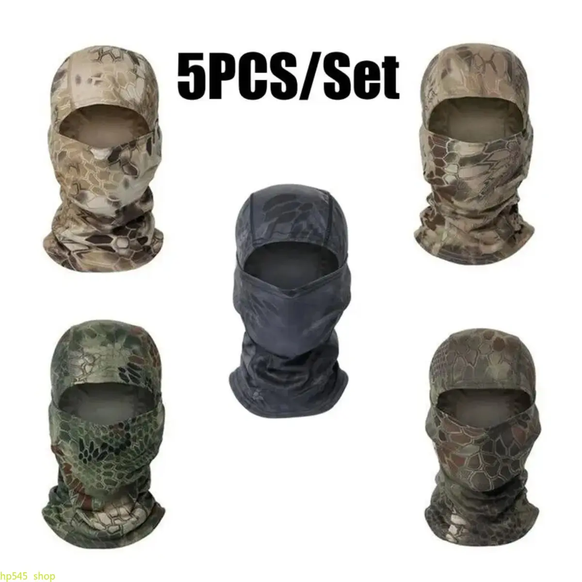 5 Pack Unisex Camouflage Tactical Balaclava Face Mask, Lightweight Polyester Neck Gaiter With UV Protection, Breathable Quick Dry Windproof Full Head Cover, Versatile Outdoor Sports Accessory For Cycling, Running, Hunting, Fishing, Motorcycle Riding And A
