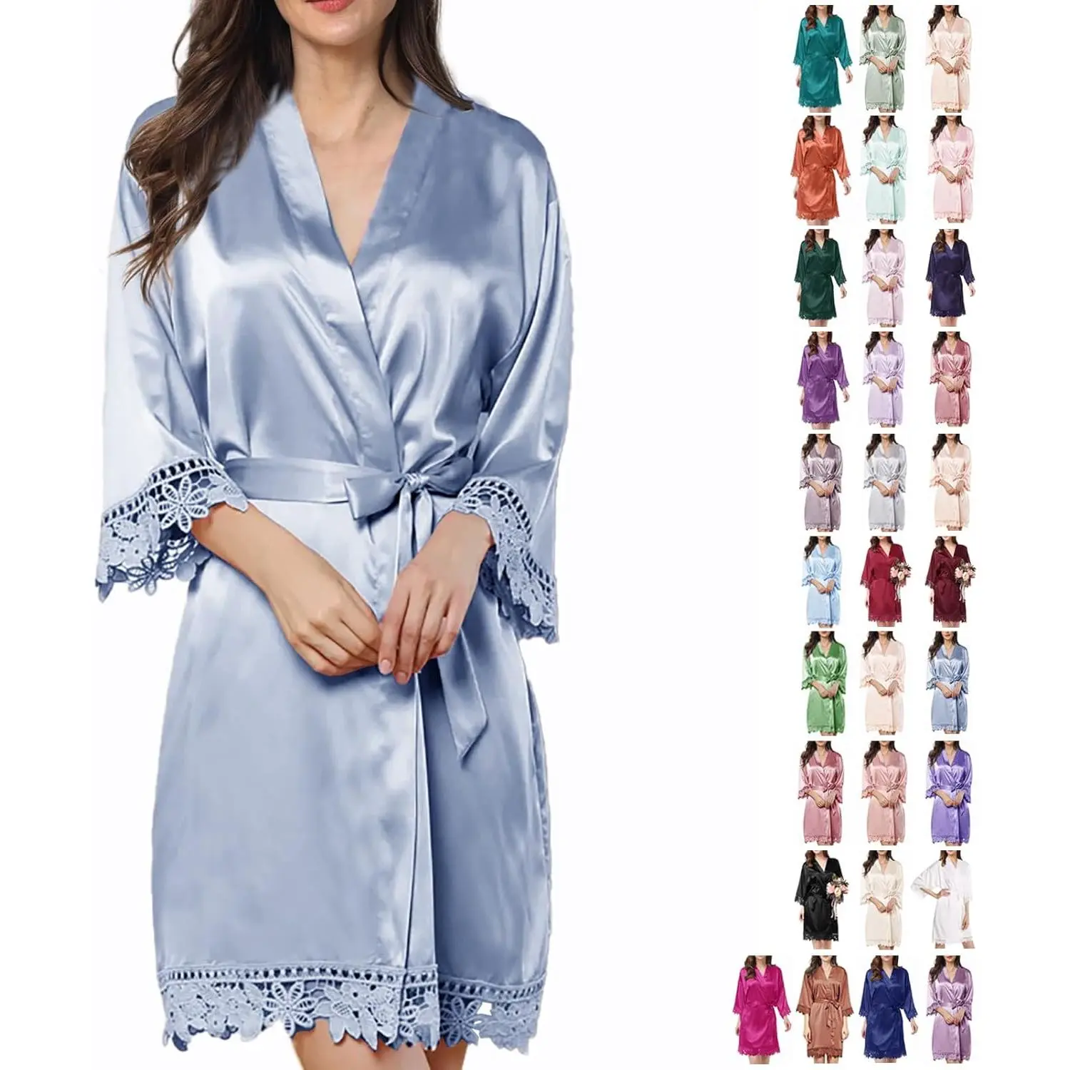 Womens Silk Robe Satin Robe Silky Kimono Lace Bathrobe Wedding Dressing Gown For Bridal Bride Bridesmaid Robes