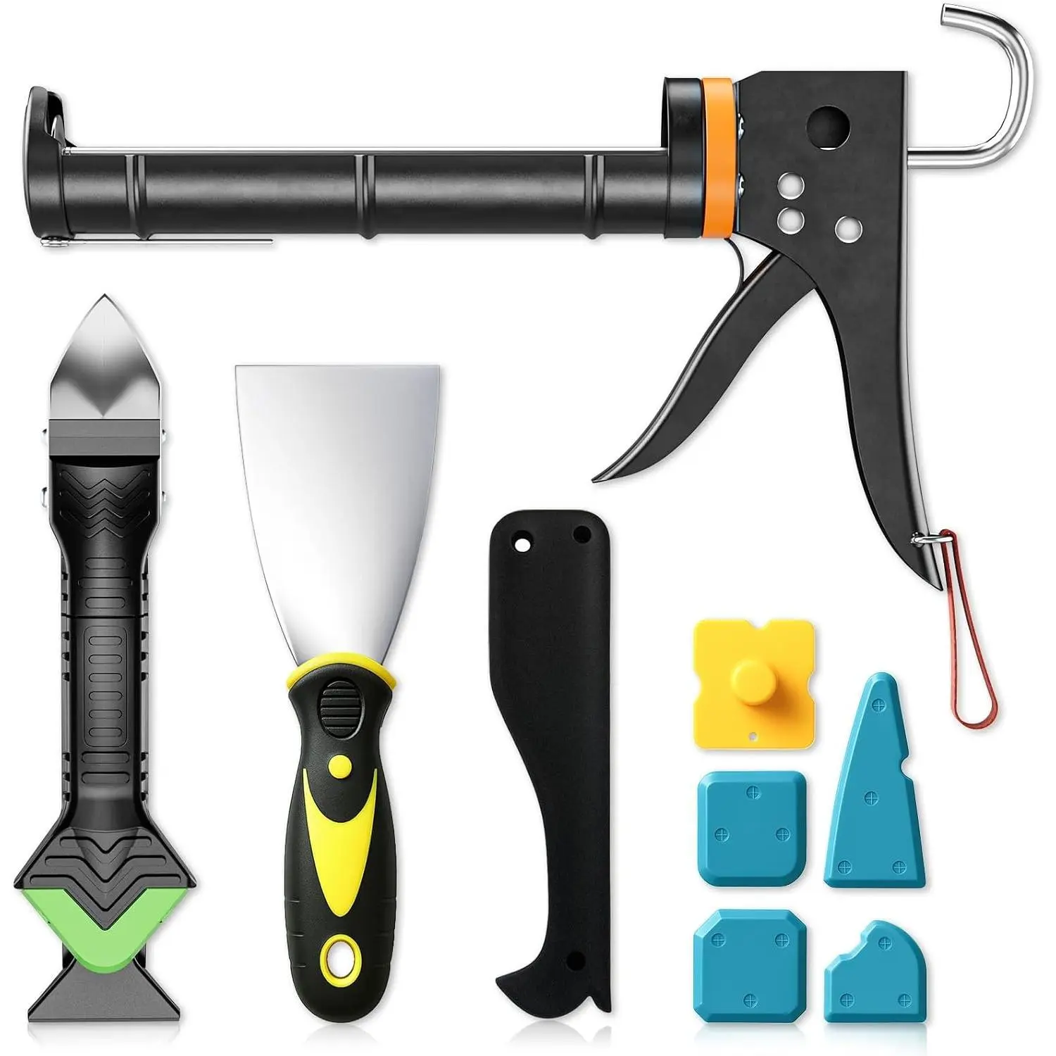 Caulk Gun Kit with Caulk Remover Tool & Putty Knife - 5-in-1 Caulking Tool Set for Caulking Removal, Shower & Bathroom Caulk, Includes Caulking Gun, Caulk Scraper, Spackle Knife