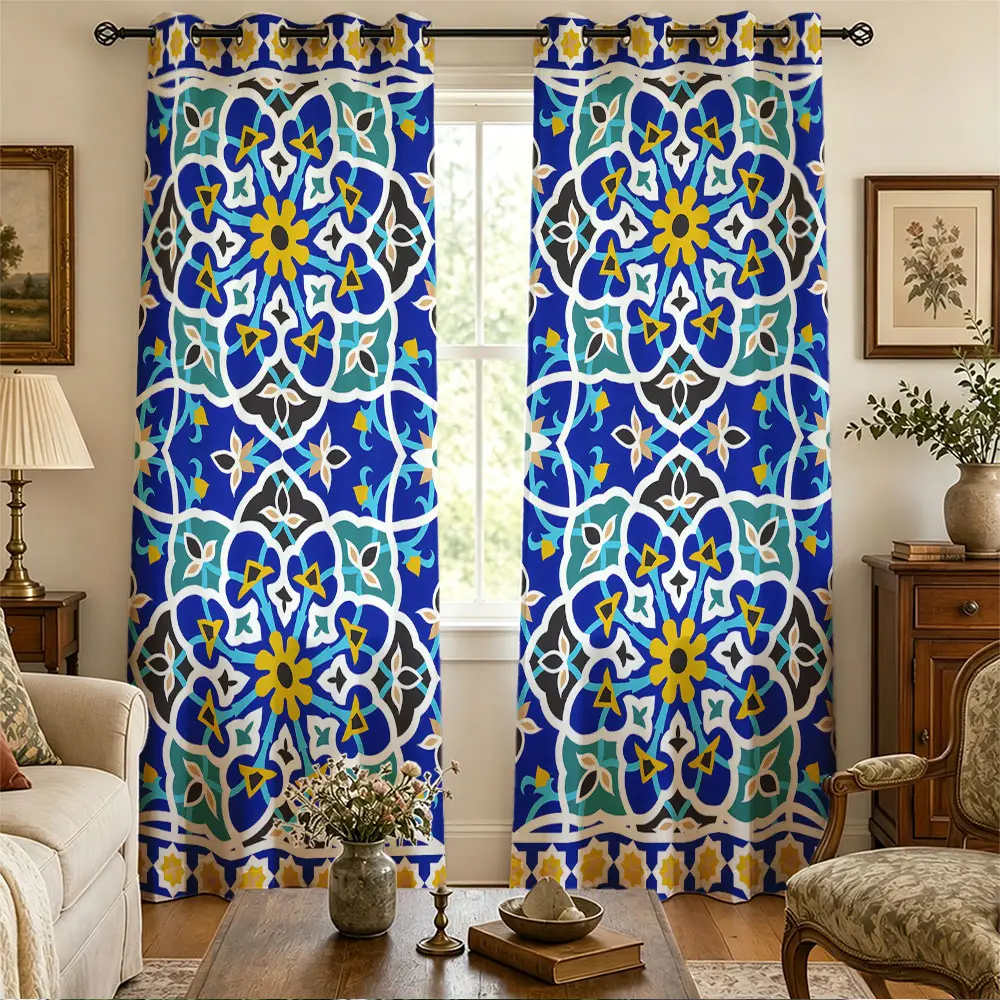 2 Panels Spanish Mediterranean Geometric Tile Pattern Light Blocking Curtains Bright Blue Yellow Green Arabesque Design Ethnic Bohemian Room Window Decoration
