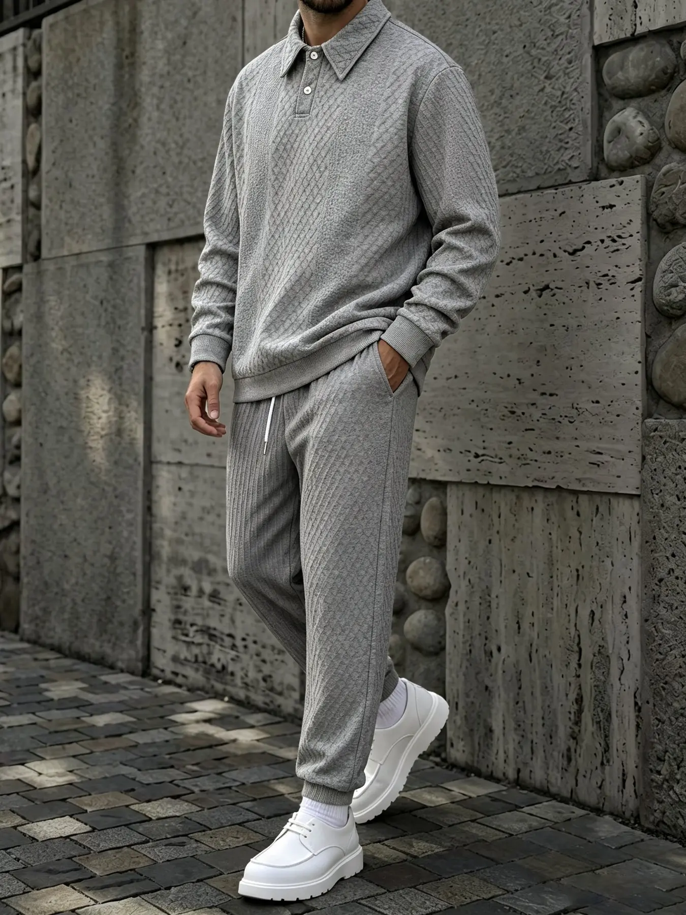 Men 2-Piece Loungewear Tracksuit, Diamond Textured Polo Collar Long Sleeve Sweatshirt & Drawstring Jogger Pants Set, Soft Breathable Casual Outfit for Daily Commute, Streetwear & Vacatio