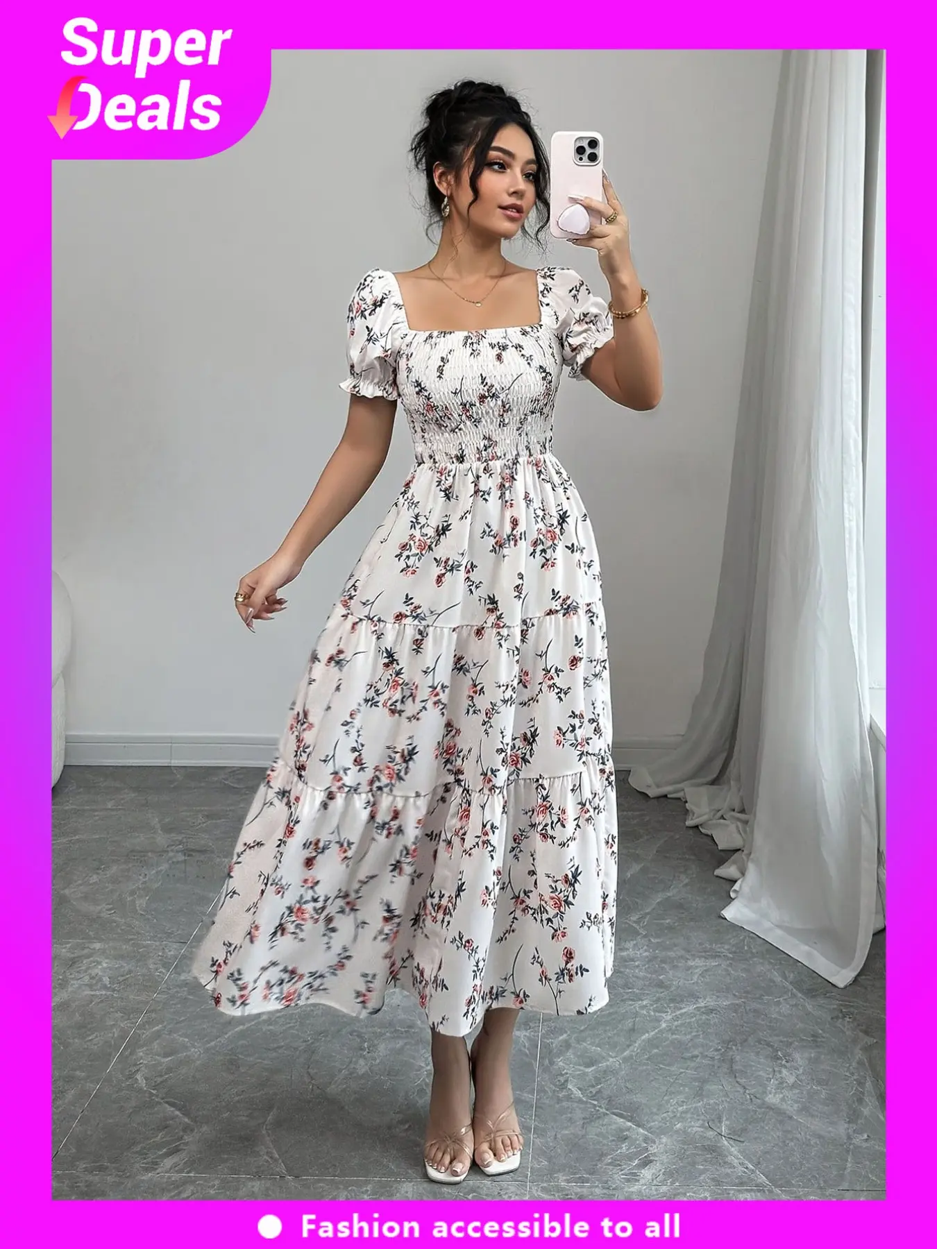 Women's Spring Summer Waist-Cinch Pleated Elegant A-Line Dress, Square Neck Bubble Sleeve Print Dress, Casual Daily Wear