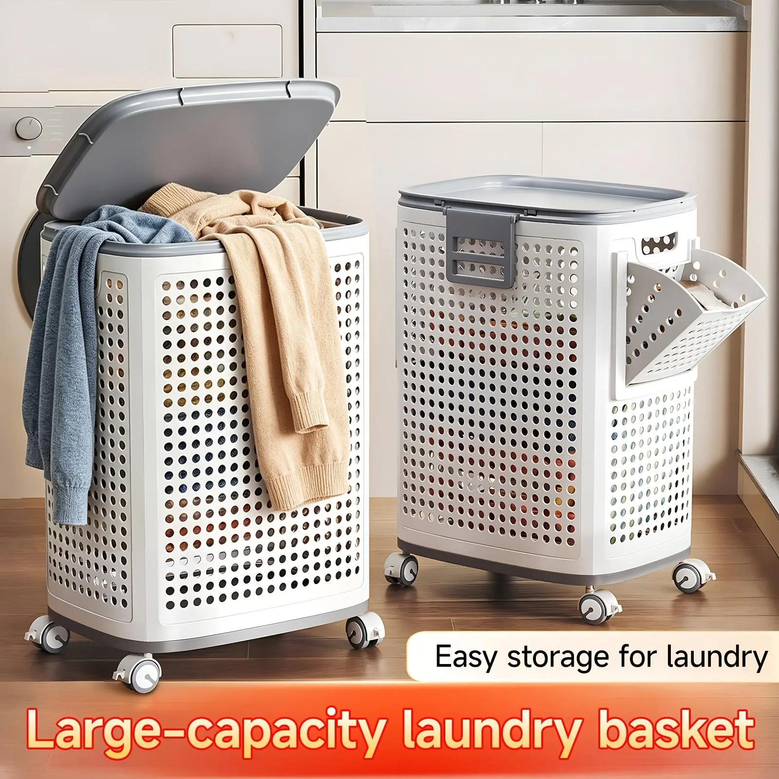 Large Foldable Storage Basket with Lid - Ventilated Plastic Laundry Storage Bin with Lockable Casters, Portable Basket for Dorm/Bed/Bath Use, Home Supplies Laundry Hamper