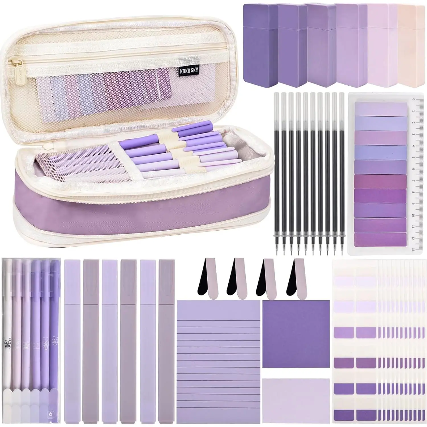 47 Pieces Aesthetic School & Office Stationery Set with Pencil Pouch - Retractable Pastel Highlighters, 0.5mm Black Gel Pens, Refills, Correction Tape, Sticky Notes, Writing Aids for Study Journaling