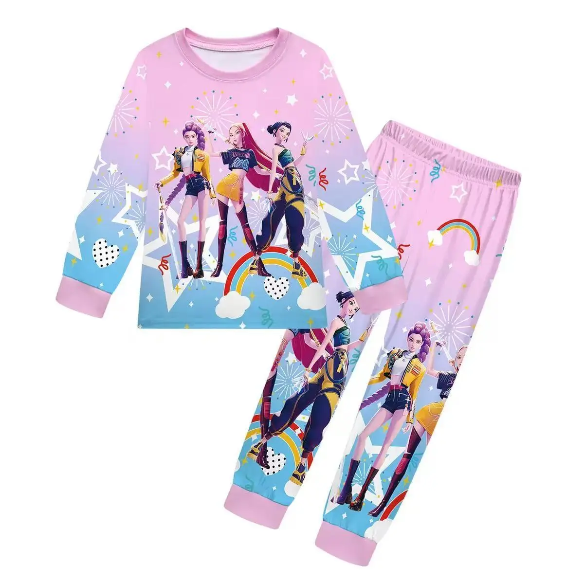 MD Girls' 2-Piece Cartoon Print Pajama Set, Round Neck Long Sleeve Full Length Top, Full Length Pants, Lightweight Blue Gradient, CPSIA Labeled Casual Sleepwear for Spring & Fall Home Wear