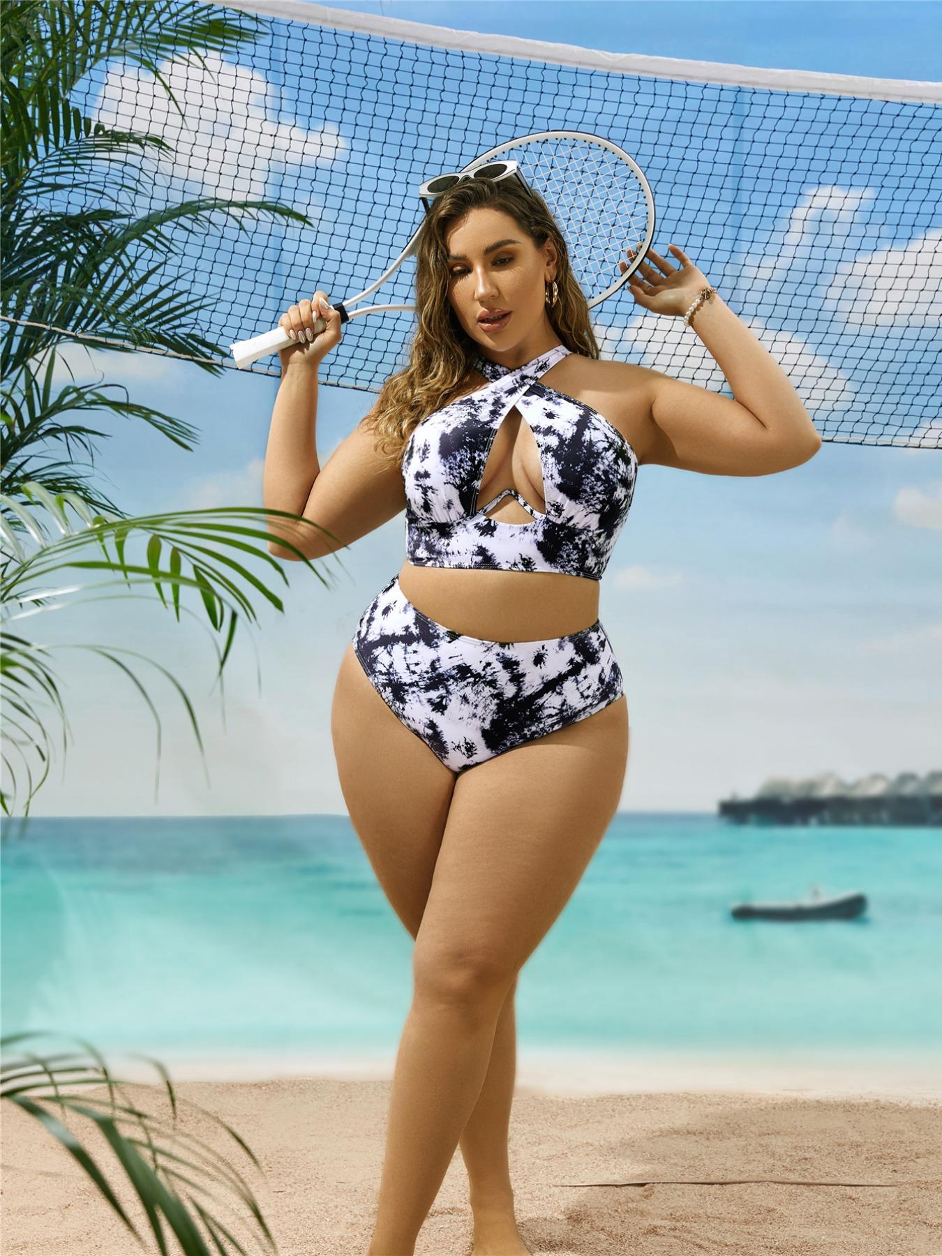 Plus Size Tie Dye Print Halter Neck Criss Cross Backless Underwire Push Up Swim Bra & High Waist Swim Panty Set, Casual Fashion Cut Out Sleeveless Swim Top & Swim Bottom Swimwear Set, Bikini Sets, Halter Bikinis Set, Halter Bikini Swimsuit