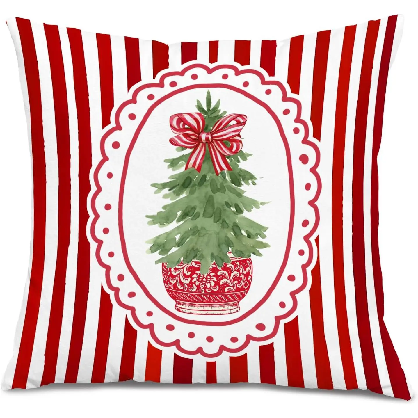 Red Chinoiserie Christmas Tree Pillow Covers 18x18, Grandmillennial Christmas Decor,  Red Bow Xmas Tree Decorative Throw Pillow Covers for  Bedroom Living Room Sofa