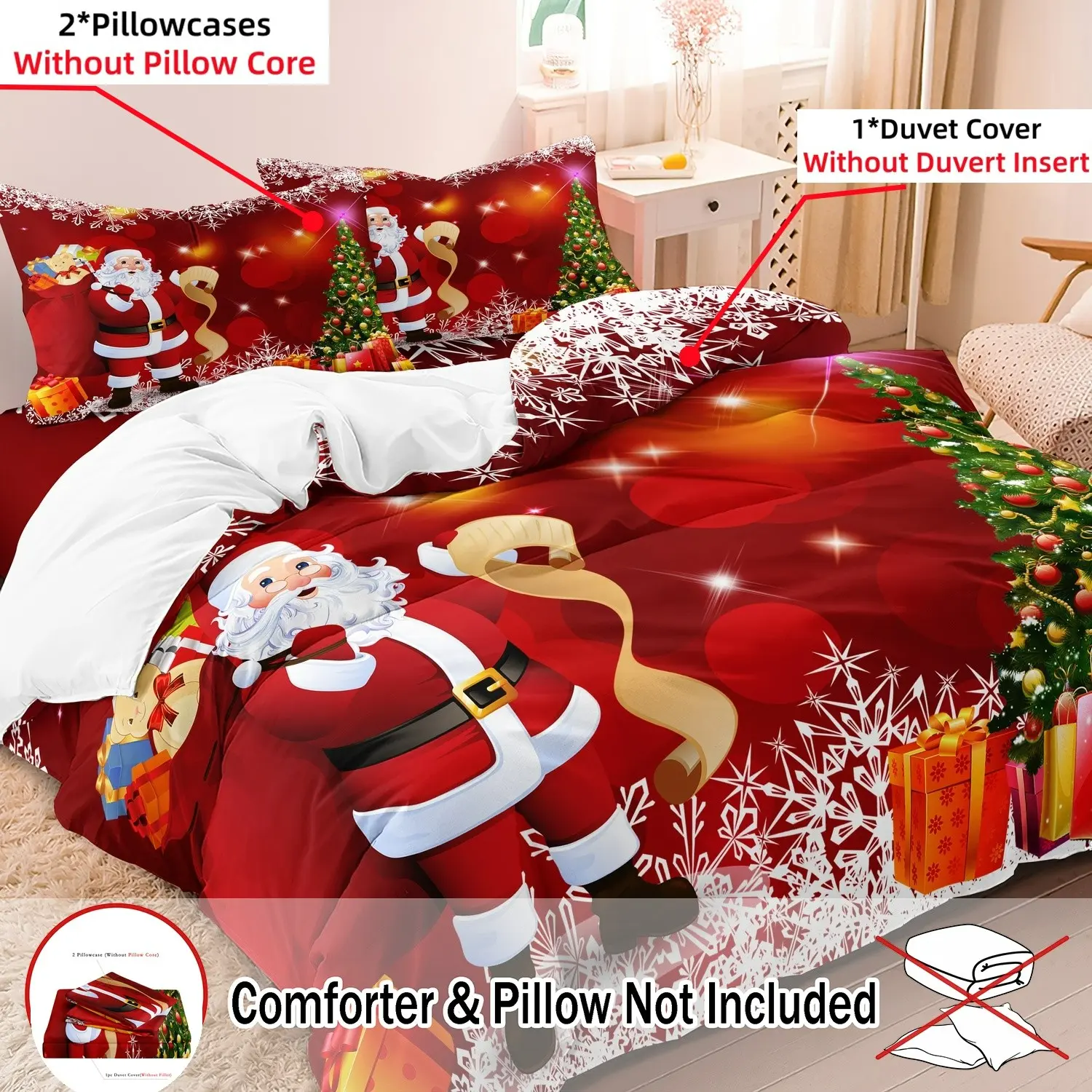 3Pcs Bear Christmas Print Duvet Cover Set, Xmas Tree Gift Box and Snowflake Elements Print Bedding, Cheerful Festive Xmas Home Bedroom Decoration, Comfy Bed Set (1 Duvet Cover + 2 Pillowcases, No Comforter No Pillow)