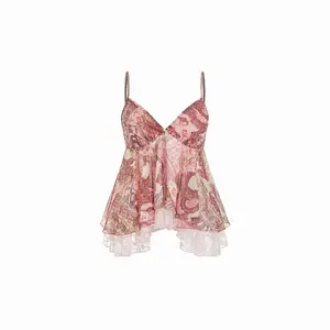 Cider Chiffon Paisley Graphic V-neck Lace Panel Cami Blouse Dealsforyou