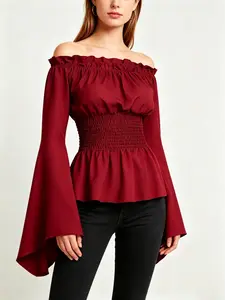 Vintage One-Shoulder Waist-Cropped Top, Fashion Renaissance Court Style, Bell Sleeve Shirt, Ruffled Neckline, Medieval Theater Pirate Costume, Blouses