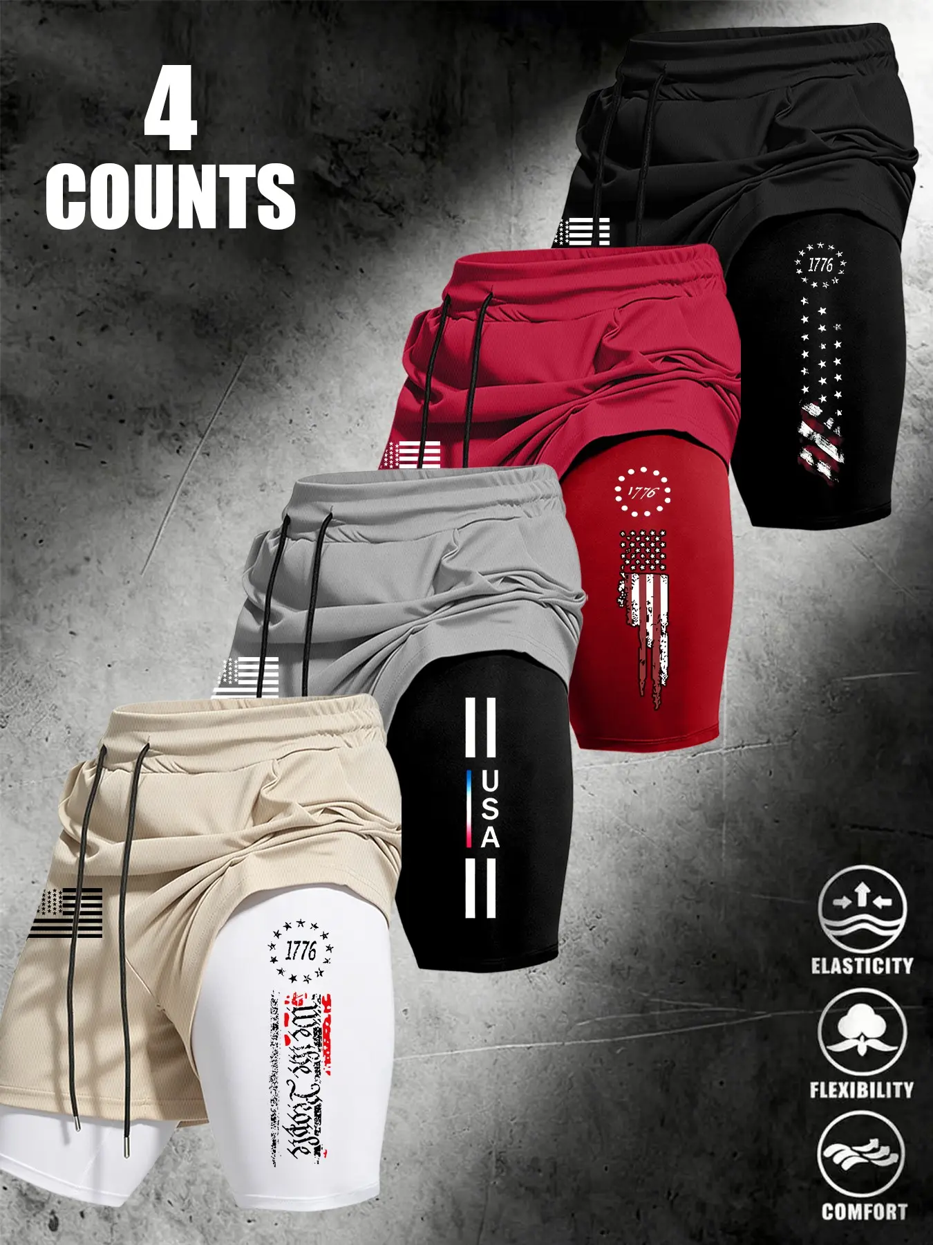4 Piece Set Men's 1776 Usa Flag Print Double Layer Lining Shorts, Graphic Fitness Workout Shorts Pack, American Patriotic Military Quick-Dry Loose Fit Training Pants, Activewear Shorts