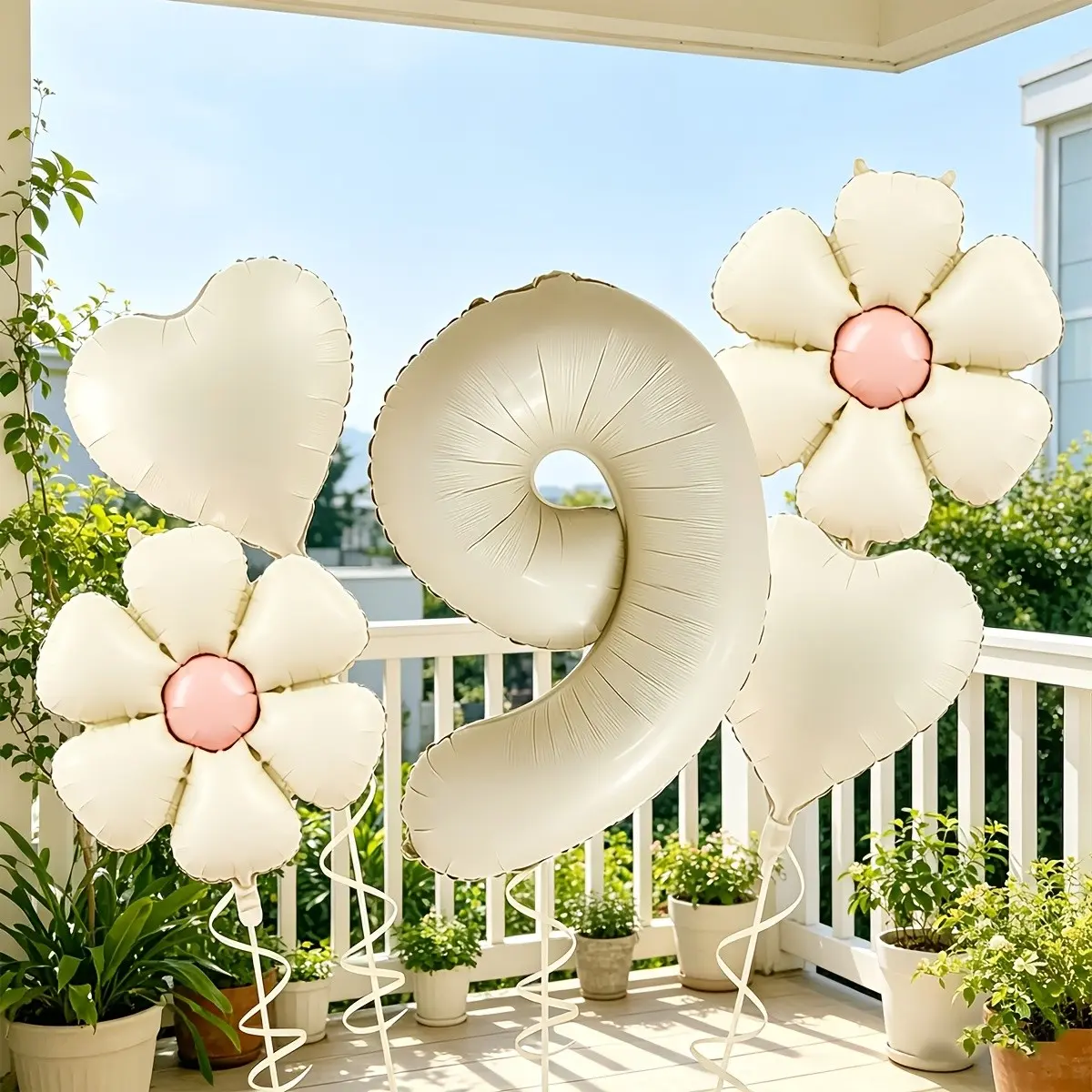 32inch Cream White Number Balloon 9 Digital Balloon with 18inch Daisy Balloons and heart balloons with white ribbon total 6pcs for 9th birthday anniversary wedding bridal shower graduation party decorations