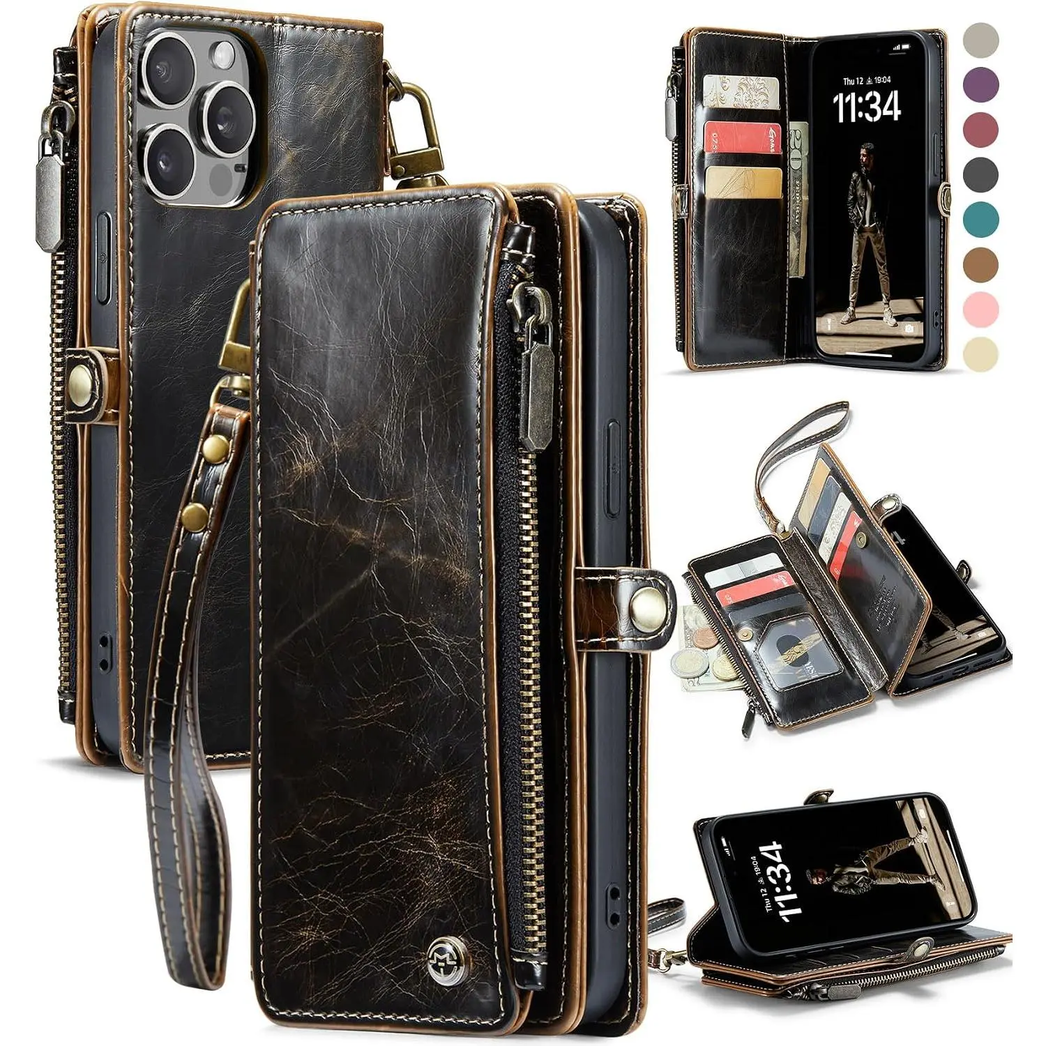 Compatible with  14 Pro Max Case Wallet with RFID Blocking Card Holder for Women Men, PU Leather  Snap Flip Zipper Strap Wallet Phone Case Fit for  14 Pro Max 6.7, Coffee