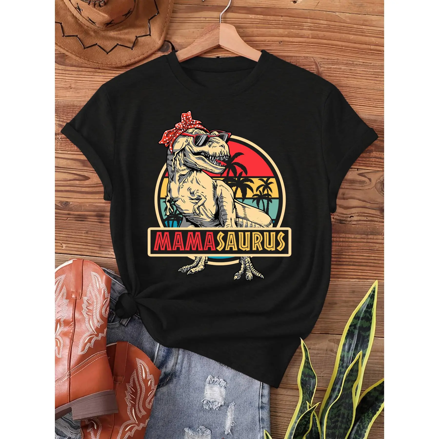 Mamasaurus T Rex Dinosaur Mama Saurus Family Matching Print T-Shirt, Short Sleeve Crew Neck Casual Top for Summer And Spring, Women'S Clothing