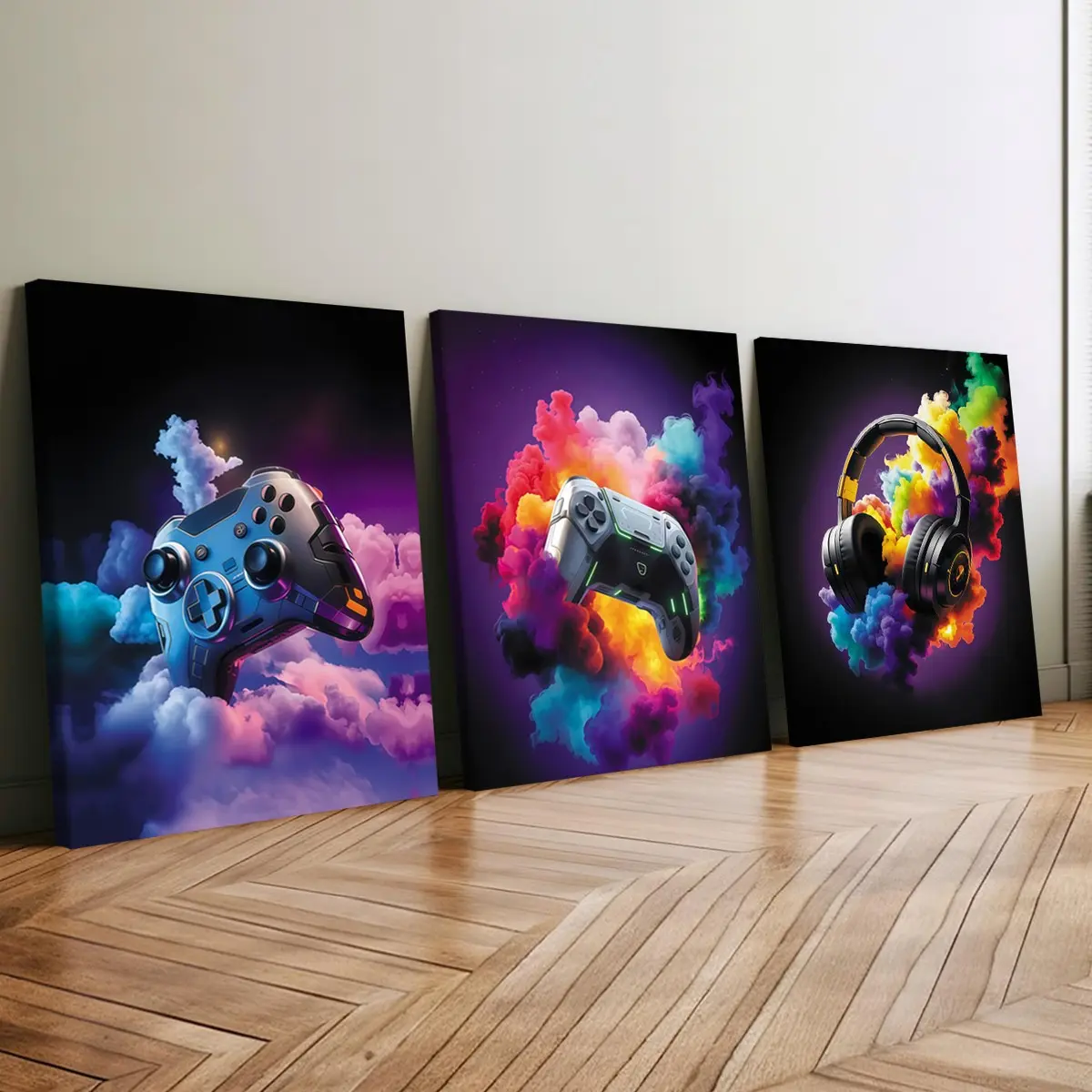 3-Piece Wood Frame Canvas Posters, Nebula Vapor Game Controller Earphone Art, Modern Living Room Decor, Office Bedroom Wall Art