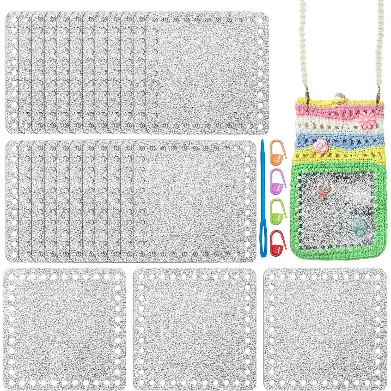 24 count Faux Leather Squares for Crochet Beginners,Work with Granny Square Projects Weaving  Handbag/ Purse/Phone Bag/Pouch/Pillow Case/Jacket, for DIY  Gifts ()