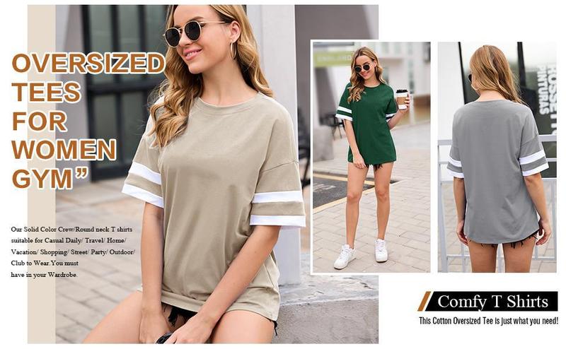 Womens Oversized Tees Loose T Shirts Half Sleeve Crew Neck Color Block Cotton Tunic Tops