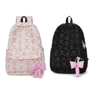 Cute Corduroy Backpack For Women Daily School Bag Lightweight Waterproof Anti Theft With Bowknot Large Capacity Laptop Pocket