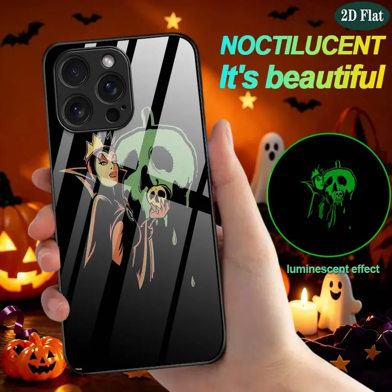 2D Flat Evil Queen Skull Luminous Glass Phone Case Naturally Emitting Green Light Shockproof Protective Case for iPhone 17 Pro Max/16 Pro Max/15/14/16 /13/Plus/12/Mini/11/XR/XS/SE 2020/8/7 Anti-Drop Case