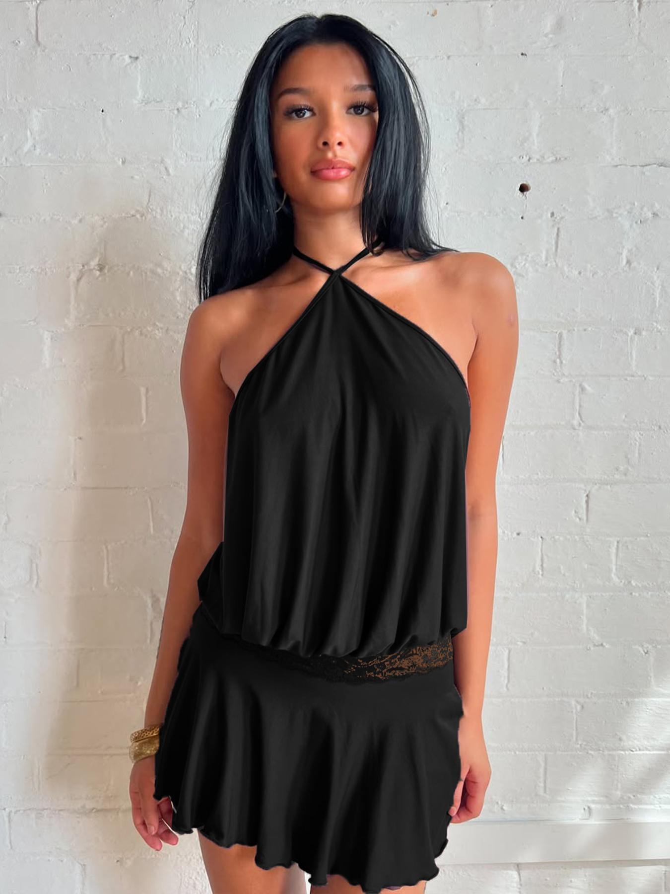 Women's Solid Color Lace Stitching Halter Neck Lace Up Sleeveless Backless Bodycon Slip Dress Plain Cut Out See Through Ruffles Hem Party Club Dating Holiday Beach Vacation Music Festival Ladies Dresses Clothing Wear Halter Strap Dress