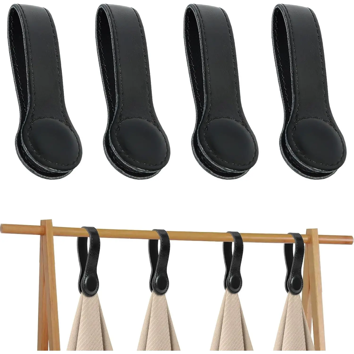 4 PCS Genuine Leather Towel Clips for Kitchen, Magnetic Hand Clips, Towel Holder with Magnet for Rods and Racks, Bathroom Accessory (Black)