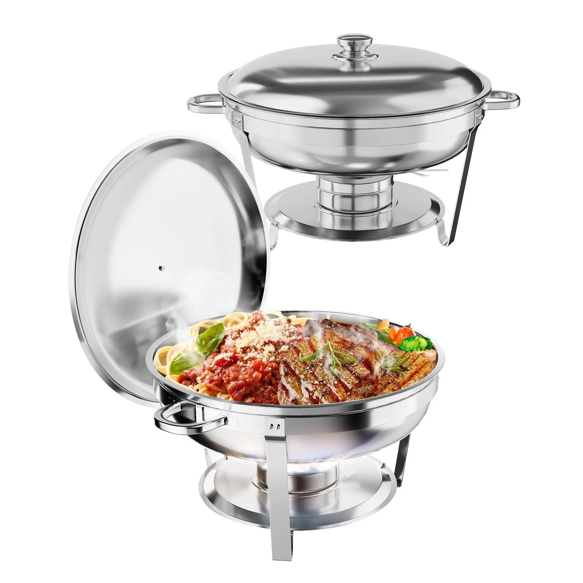 Round Stainless Steel Chafing Dish Buffet Set, 5 Quart Food Warmers Complete with Lid, Serving Pans, Lid Holder, Spoon and Tweezers, Ideal for Catering, Parties, Banquets and All Kinds of Events