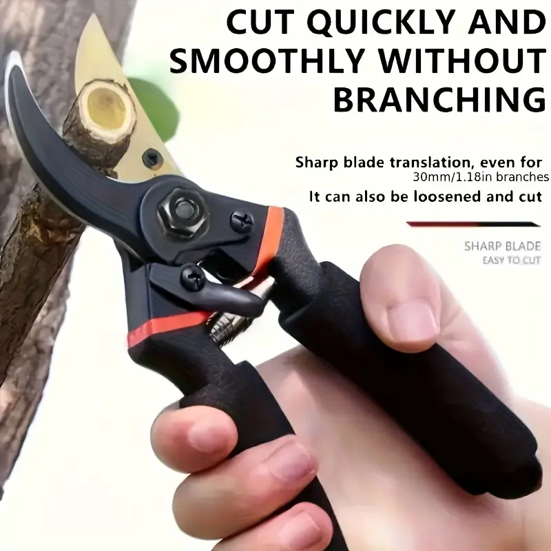 An ultra-sharp and durable manual pruning tool, featuring an ergonomic non-slip black handle, easily cuts branches, flowers and stems, making it an ideal choice for garden pruning.
