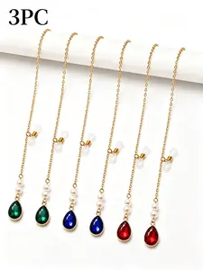 3-Piece Luxury Water Drop Gemstone Glasses Chain, Blue Color Combination, Anti-Loss Glasses Necklace, Versatile Fashion Accessory